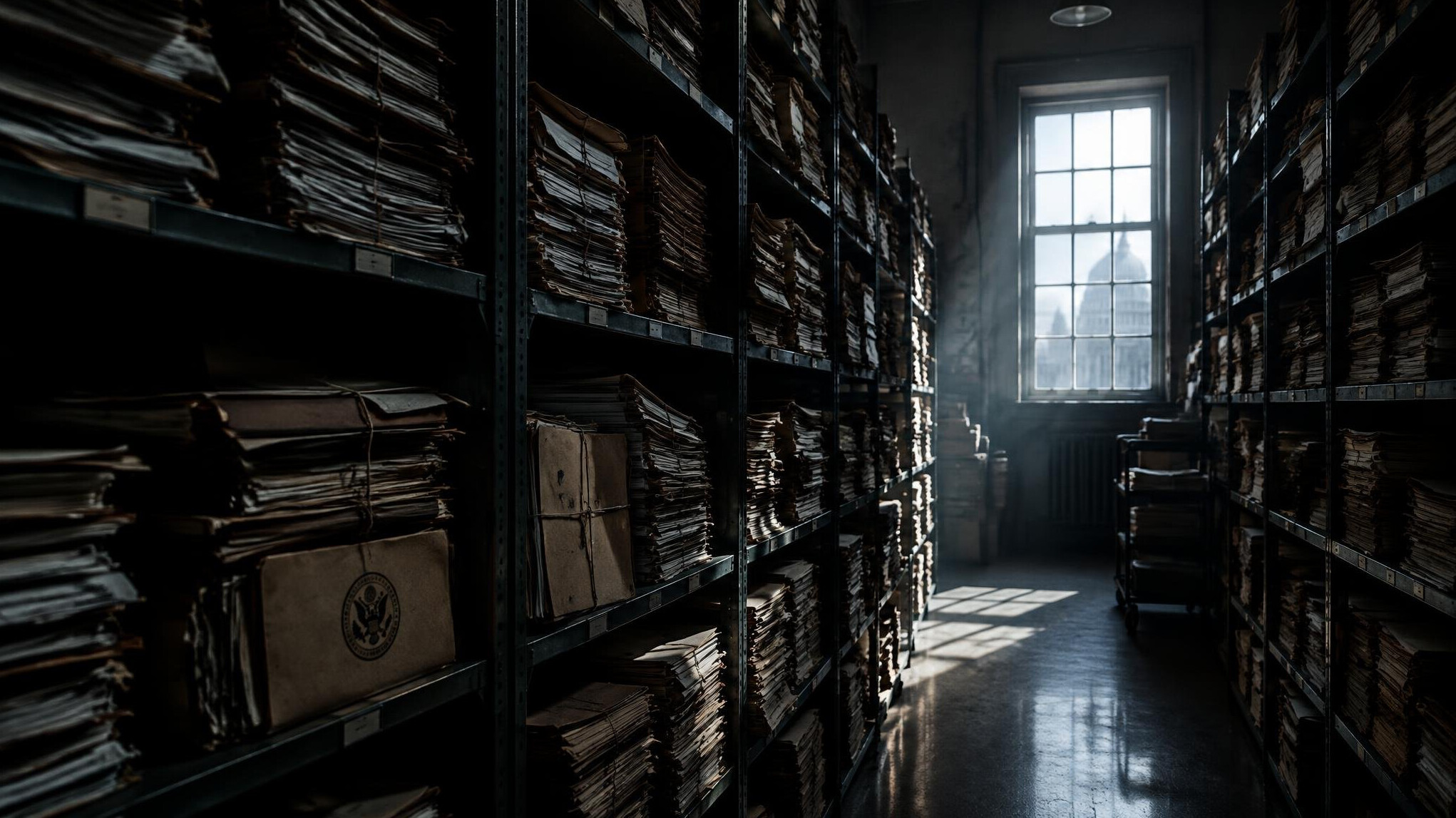 Dark moody photo of towering stacks of archived government paper files