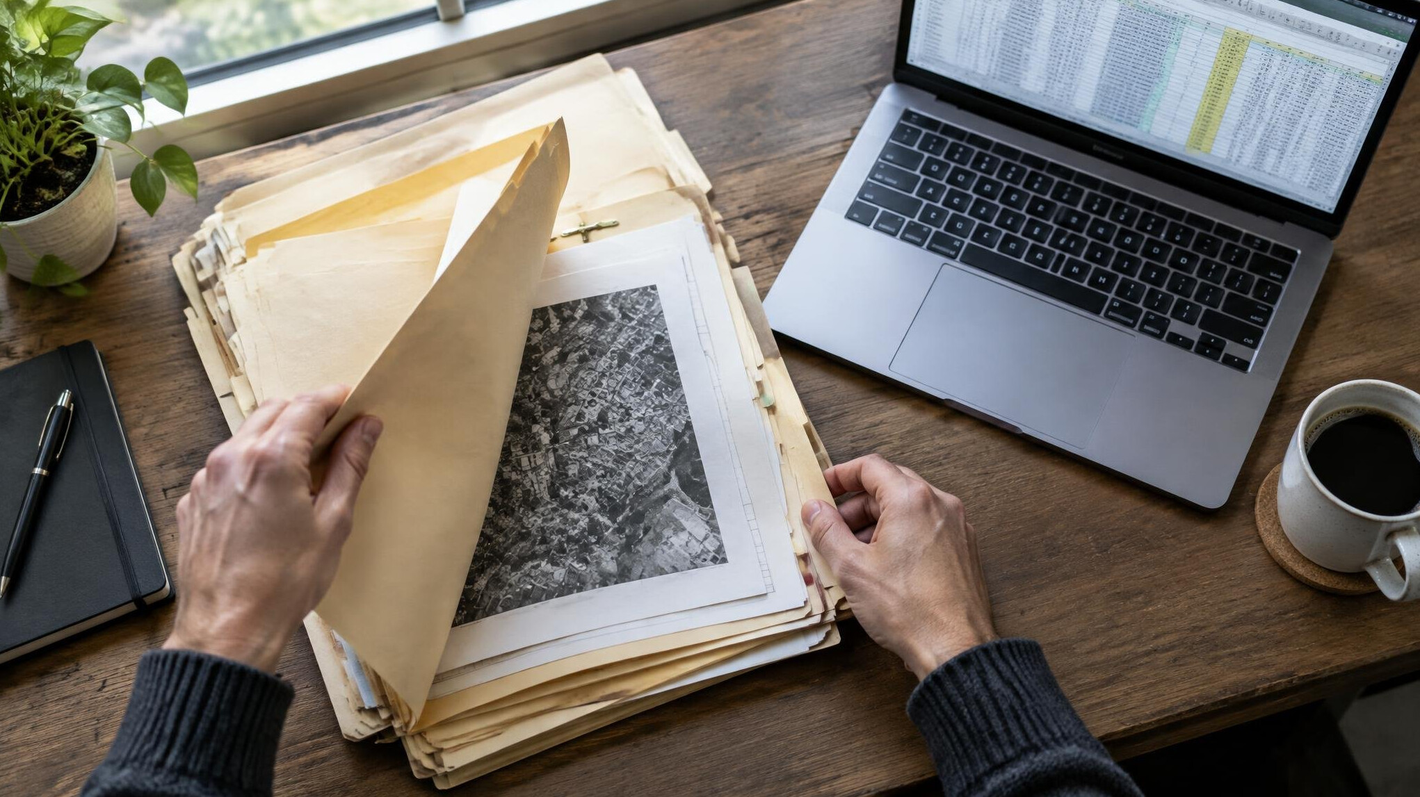 Hands examining stacked public record folders on a desk